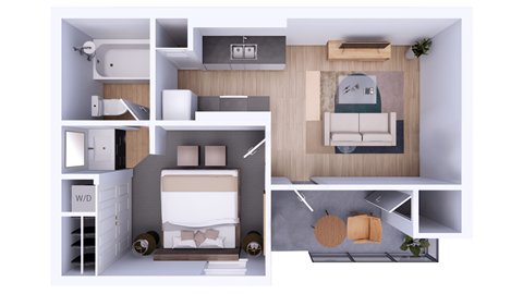 A top-down view of a small apartment with a bedroom, living room, and kitchen.